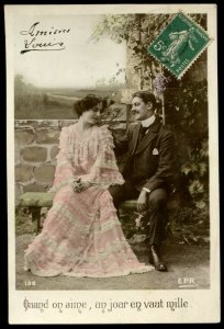French romantic RPPC. Quand on aime, un jour... Tinted EPR postcard, circa 1910