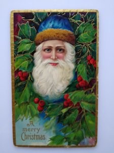 Christmas Postcard Santa Claus Blue Hat & Eyes Embossed Series 1480 Germany 1912 
