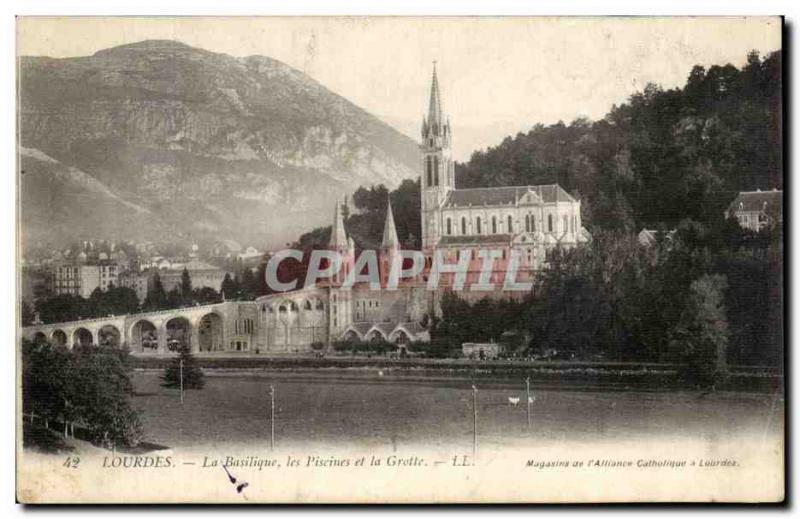 Old Postcard Lourdes the Basilica and the Cave Pool