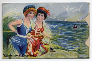 Chatham Cape Cod Massachusetts Bathing Beauty Die Cut Fold out Postcard AA53683