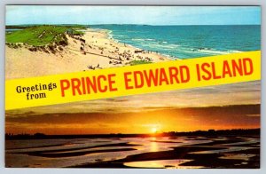 Beach Scene, Sunset, Greetings From Prince Edward Island, Split View Postcard