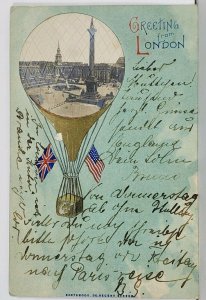 Hot Air Balloon BRITISH & US FLAG Greetings From London 1903 Berlin Postcard K17