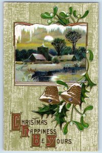 1911 Christmas Ringing Bell And Mistletoe Houses Scene Embossed Posted Postcard
