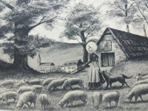 Sainte Bernardette of Lourdes tending to her Sheep Vintage French Postcard