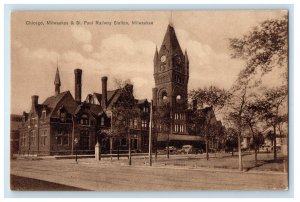 c1910's Chicago Milwaukee & St. Paul Railway Station Milwaukee WI Postcard