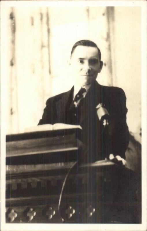 Preacher? At Pulpit w/ Microphone Amateur Real Photo Postcard c1920s-30s