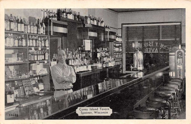 Spooner Wisconsin Coney Island Tavern Interior, B/W Photo Vintage Postcard U3795