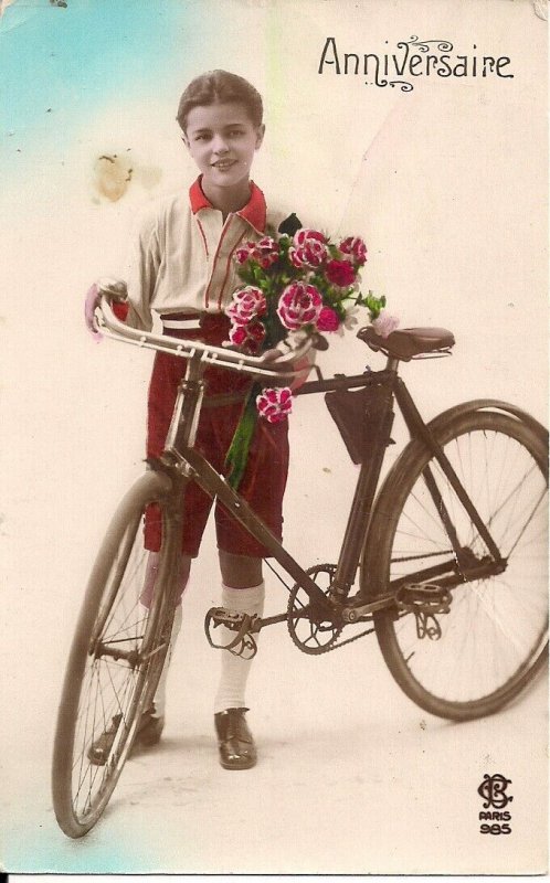 RPPC Tinted, Boy w Bicycle and Flowers, Birthday, France ca. 1930's