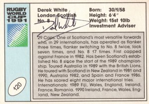 Derek White Scotland Hand Signed Rugby 1991 World Cup Card Photo