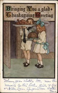 Tuck Thanksgiving Children Carry Christmas Pudding Turkey Platters c1910 PC