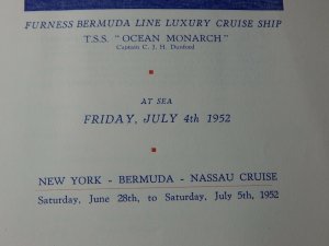 Vtg 1952 TSS Ocean Monarch Cruise Bermuda Line Ship July 4th  Menu Lot of Two