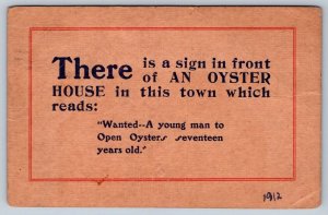 1912 Oyster Restaurant Humor Postcard, Roland Manitoba Split Ring Cancel, RPO