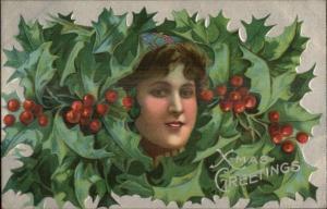 Christmas - Beautiful Woman's Face in Holly c1910 Postcard