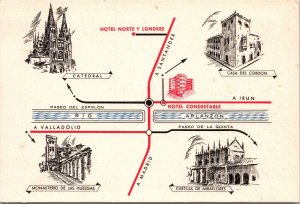 CONTINENTAL SIZE POSTCARD MAP TO HOTEL CONDESTABLE & RESTAURANT BURGOS SPAIN 50s