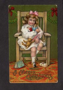 Christmas Greetings Postcard Little Girl Chair Dolls Teddy Bear Book 1908