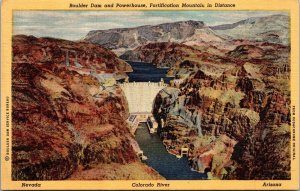 Boulder Dam & Powerhouse Fortification Mountain in Distance NV AZ Postcard PC120