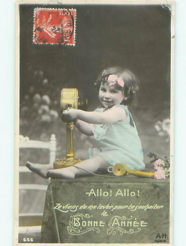 tinted rppc c1910 CHILD WITH ANTIQUE TELEPHONE AC9008