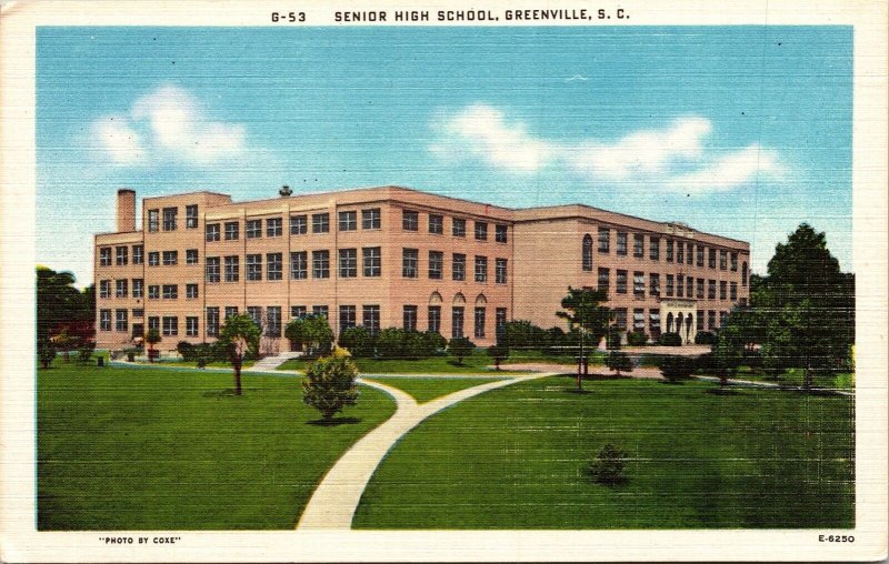 Senior High School Greenville SC South Carolina Linen Postcard VTG UNP Vintage 