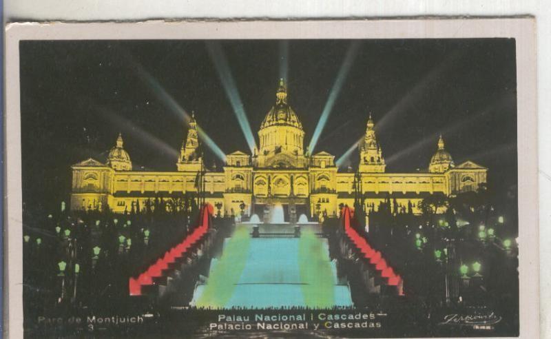 Postal  coloreada de epoca  0142 : Palau Nacional y Cascades de Barcelona