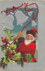 G6/ Santa Claus Christmas Postcard c1910 Ringing Bells Holly  Silver 8