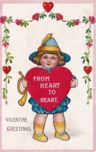 Valentine's Day With Young Boy With Bugle Holding Red Heart 1916