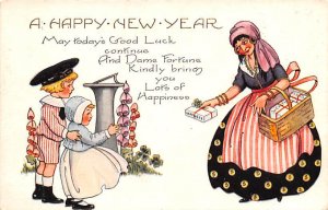 A Happy New Year Poem Woman Giving Boxes of Health, Wealth & Luck Unused 