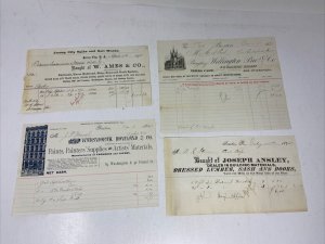 Lot of 4 1870's & 1880's Billheads Receipts Handwritten Ephemera Crafting