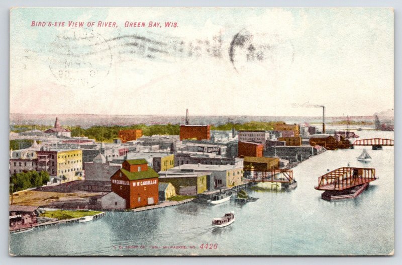 Green Bay WI~Quaker Oats Billboard~WW Cargill Bldg~Swing Bridge~Sailboat 1909 