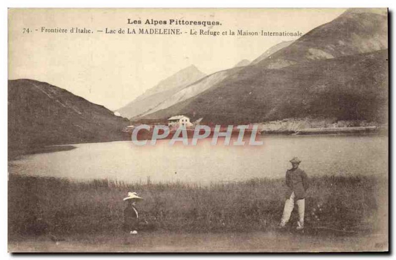 Old Postcard Frontiere d & # 39Italie Lac Madeleine Refuge and the Internatio...