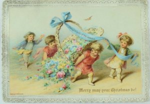 1870's-80's Christmas Card Paper Lace Border  Children Cherubs Big Basket P81 