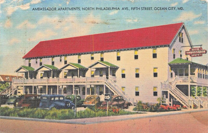 OCEAN CITY MD~AMBASSADOR APARTMENTS-FIFTH AVENUE~1957 VINTAGE POSTCARD