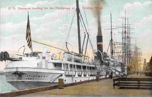 US Army Transport Ship Loading for Philippines Tacoma Washington 1910c postcard