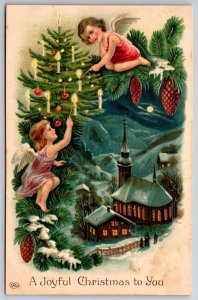 EAS Christmas~Cherub Angels Lite Candles~Decorated Tree in Clouds~Church~1908