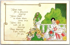Here's Hope Man & Woman In Garden with Flowers, Love & Romance, Vintage Postcard