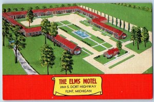 c1940's Aerial View The Elms Motel & Restaurant Flint Michigan Vintage Postcard