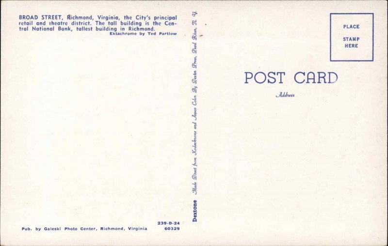 Richmond Virginia VA Street Scene 1950s-60s  Postcard