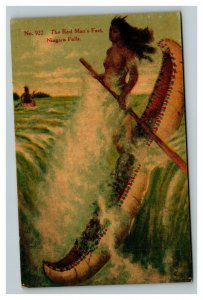 Vintage 1920's Postcard Man in Canoe Going Over Niagara Falls New York