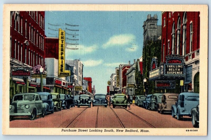 New Bedford Massachusetts Postcard Purchase Street Looking South c1950 Vintage