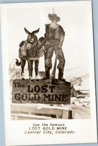 Colorado, Central City - Lost Gold Mine - roadside sign Prospector and mule RPPC
