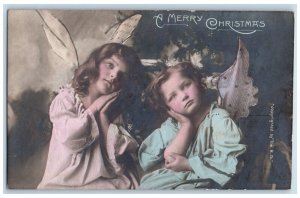 1910 Christmas Two Pretty Girls Angel Cherub RPPC Photo Posted Antique Postcard