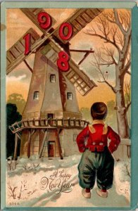 1908 Happy New Year Postcard Boy/Man Looking at Snow Covered Windmill