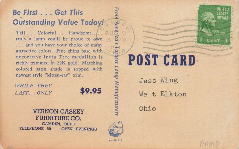 Camden OH Vernon Caskey Furniture Co. China Base Lamp Linen Postcard