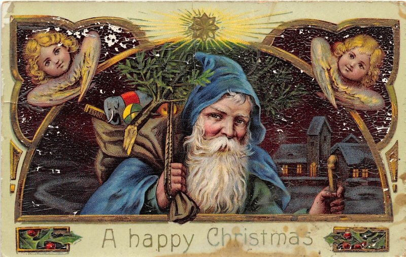 G28/ Santa Claus Christmas Postcard c1910 Blue Suit Angels Star 20