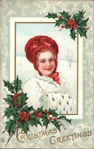 Christmas Young Girl with Fur Muff Stecher Ser 241C Vintage Postcard