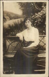 Studio Bench From Branches Woman in Eyeglasses c1920 Real Photo Postcard