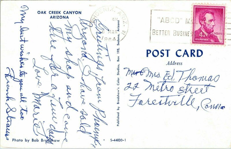 Oak Creek Canyon Arizona AZ Postcard Cancel PM Phoenix WOB Note VTG Vintage 