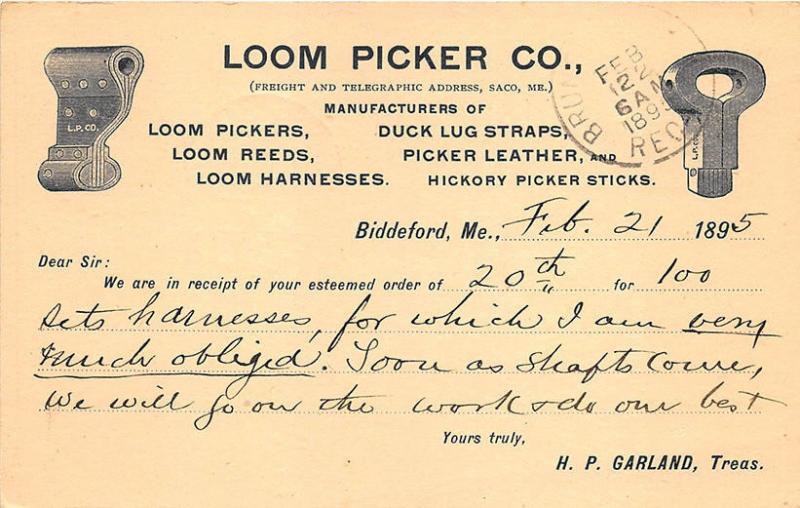 Biddeford ME Loom Picker Co. Duck Lug Straps Saco ME 1895 Postcard