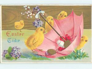 Pre-Linen easter CHICKS CHECK OUT EGGS IN OVERTURNED UMBRELLA hr1927