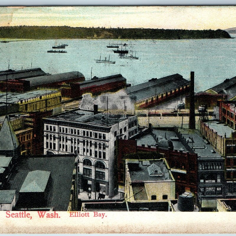 c1900s Seattle, WA Elliott Bay Downtown Birds Eye Business Sign Bekin Cigar A198