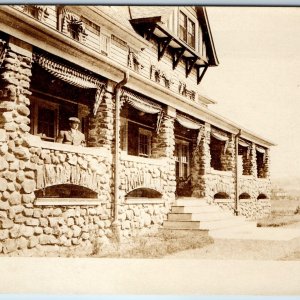 c1910s Unknown Park Lodge RPPC Stone Inn Hotel Man Chalet Real Photo PC A130